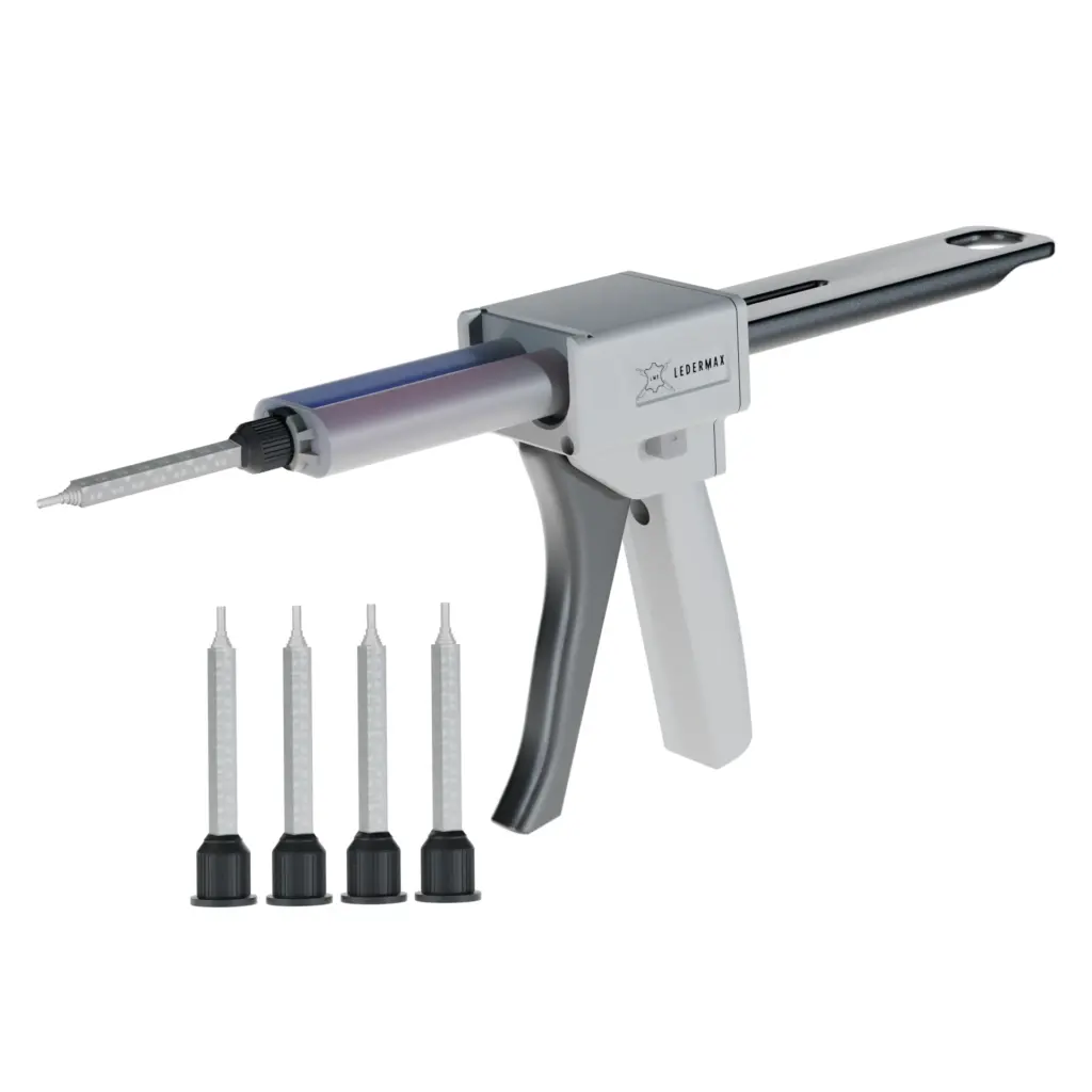 Struktur-Matrizen Set Lederreparatur mit Prägepistole, Silikonkartusche und Mischdüsen für Flüssigleder 4.2 – formstabile Strukturabformung